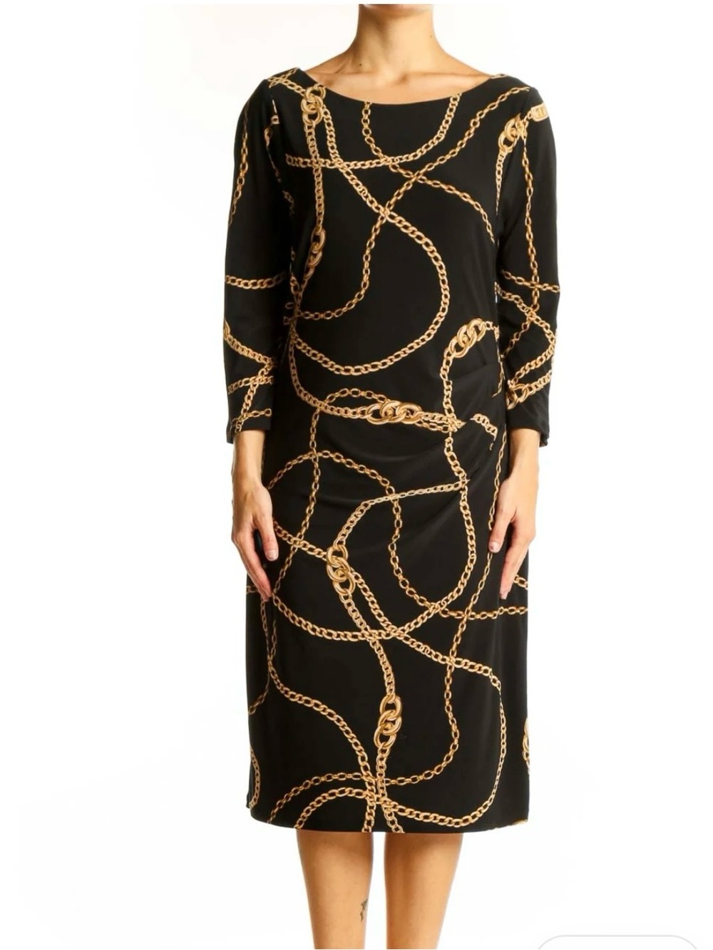 Lauren Ralph Lauren Black Gold Chain Link Dress Sz 18W Faux Wrap Side Ruche Midi